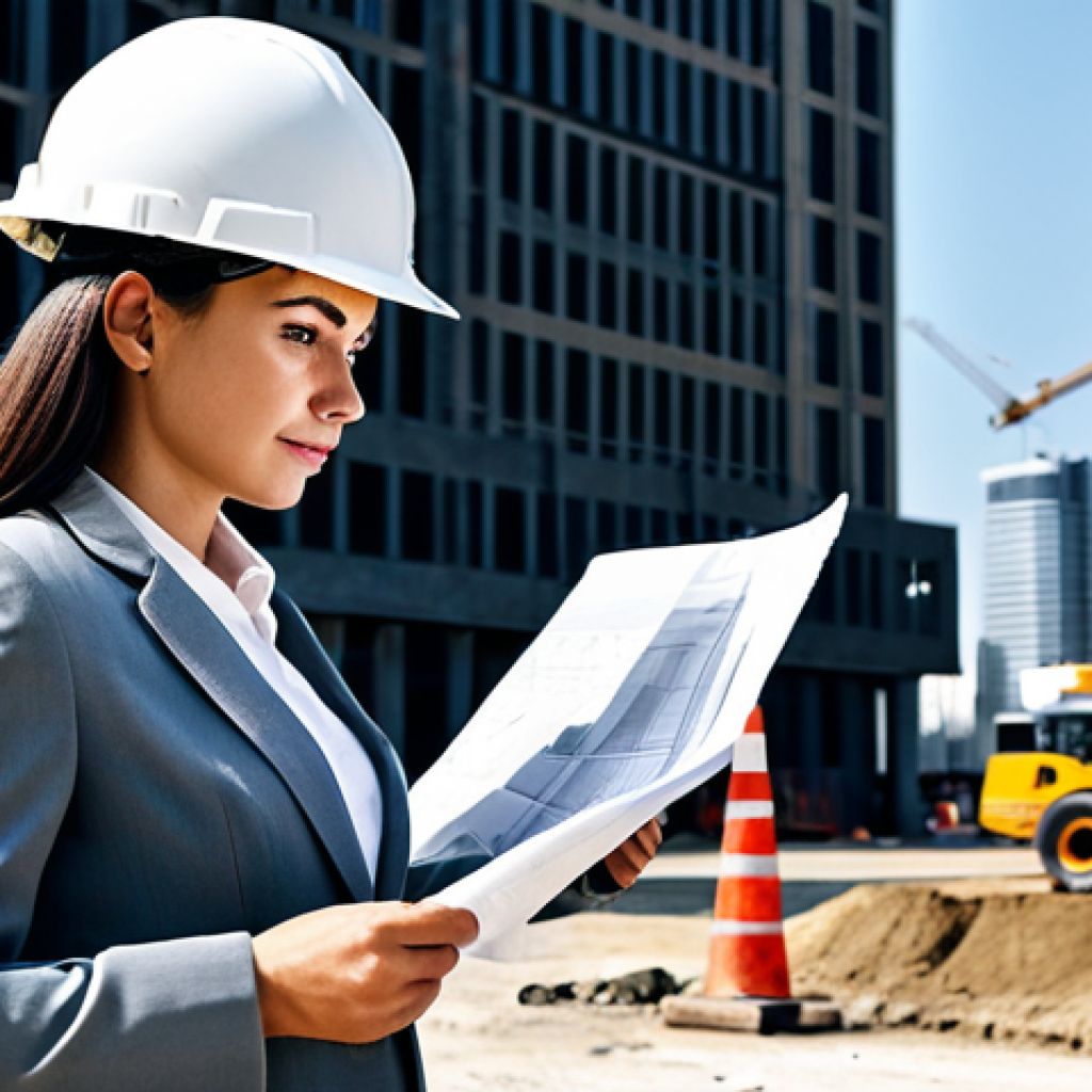 **

"A professional female architect in a fully clothed, modest outfit (dress pants and a blouse with a blazer), standing on a construction site. She is reviewing blueprints with a hard hat on. Background includes construction equipment and a half-built skyscraper. Safe for work, appropriate content, perfect anatomy, correct proportions, professional photography, high quality, well-formed hands, proper finger count, natural body proportions."

**