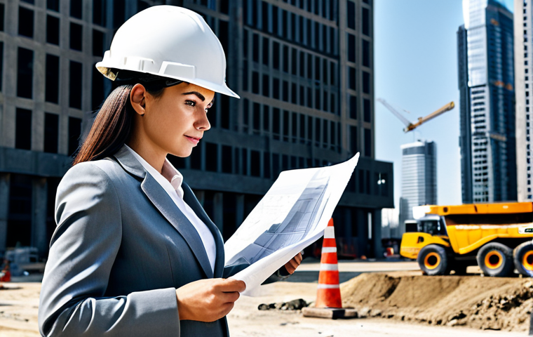 **

"A professional female architect in a fully clothed, modest outfit (dress pants and a blouse with a blazer), standing on a construction site. She is reviewing blueprints with a hard hat on. Background includes construction equipment and a half-built skyscraper. Safe for work, appropriate content, perfect anatomy, correct proportions, professional photography, high quality, well-formed hands, proper finger count, natural body proportions."

**