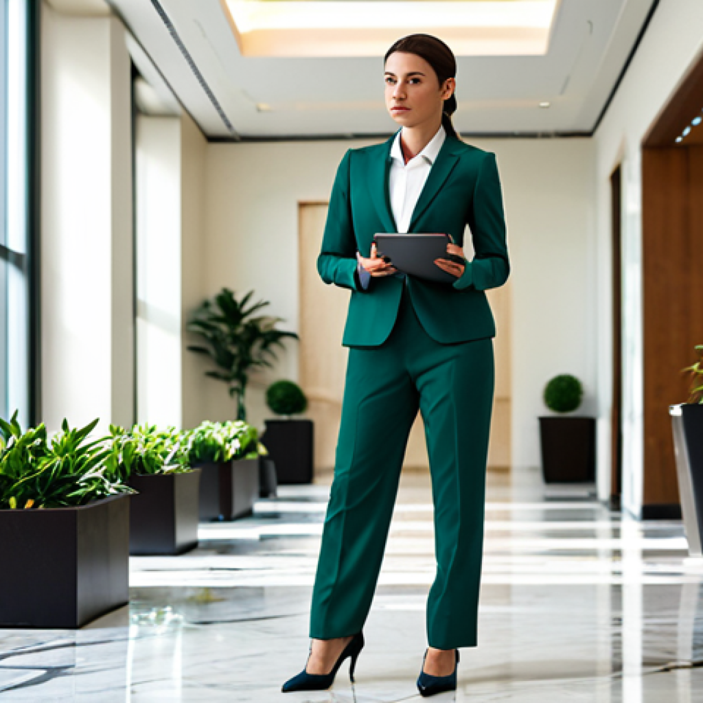 로얄매치 타일 변화 알고리즘 - **

A professional businesswoman in a modest, tailored business suit, standing confidently in a mode...