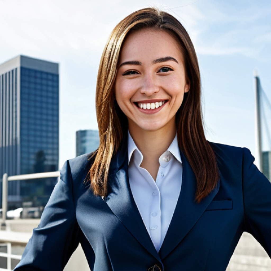 로얄매치 시즌별 보상 - "A young professional woman, fully clothed in a modest business suit, smiling confidently in front o...