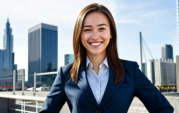 로얄매치 시즌별 보상 - "A young professional woman, fully clothed in a modest business suit, smiling confidently in front o...