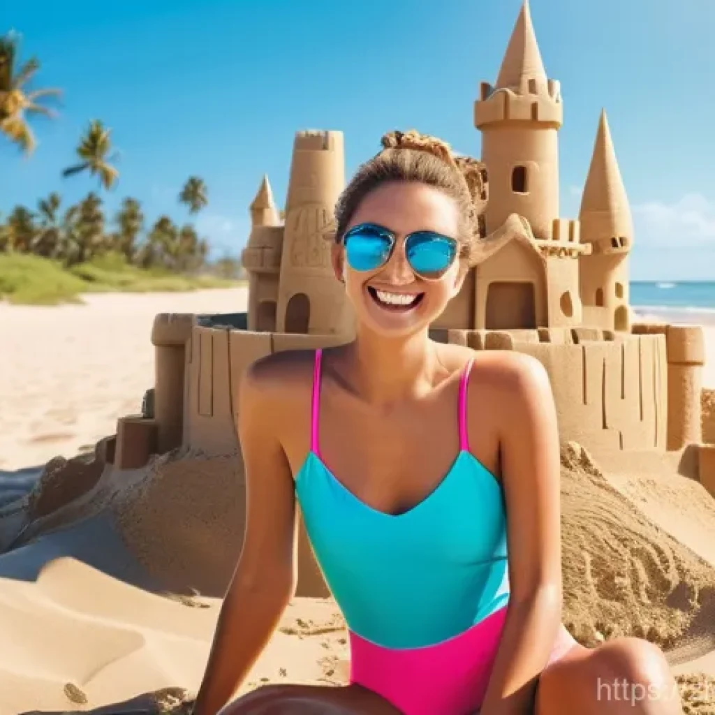 로얄매치 무료 아이템 - **Prompt 1:** A vibrant, sun-drenched beach scene featuring a young woman in a modest, stylish one-p...