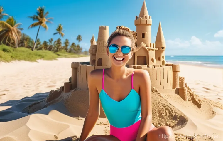 로얄매치 무료 아이템 - **Prompt 1:** A vibrant, sun-drenched beach scene featuring a young woman in a modest, stylish one-p...