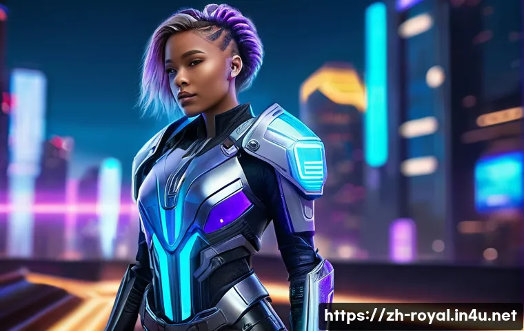 로얄매치 커스터마이징 아이템 - A vibrant futuristic female character in stylish high-tech armor with glowing neon blue and purple a...