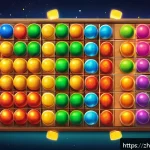 로얄매치 동시 제거 전략 - A vibrant game board from a match-3 puzzle game scene, showcasing colorful blocks including rockets,...