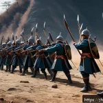 로얄매치 패치 노트 읽기 - A dynamic battlefield scene showcasing diverse military units in action: a formation of armored mele...