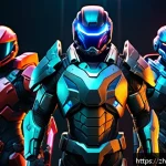 로얄매치 이모티콘 시스템 - A dynamic multiplayer game scene featuring a diverse team of futuristic heroes in vibrant, detailed ...
