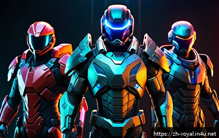 로얄매치 이모티콘 시스템 - A dynamic multiplayer game scene featuring a diverse team of futuristic heroes in vibrant, detailed ...